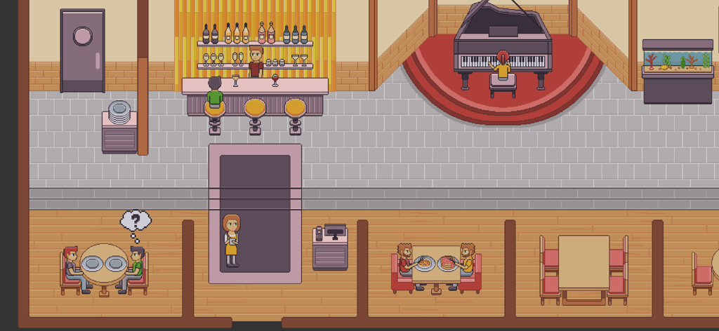 KitchenCraft: cooking business - Un acogedor interior de restaurante de arte pixelado en KitchenCraft con clientes cenando y un pianista en vivo