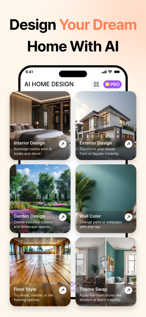 AI Interior Design -AI Home - Mobile app interface showing AI tools for interior design, exterior design, garden landscaping, wall colors, and floor styling.