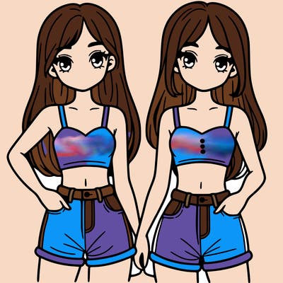 two sisters with crop tops and jean shorts and straight hair