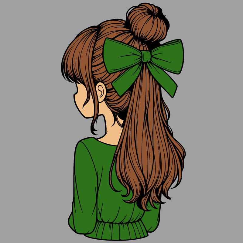 realistic girl  with hip length hair a bun and a big bow on the back of head