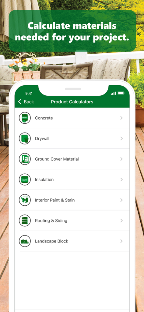 Menards-App-Bildschirm mit Produktberechnern für verschiedene Heimwerkerprojekte