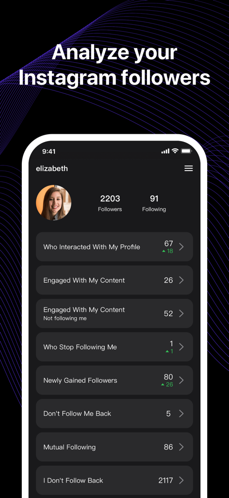 iTrackr app interface showing Instagram follower reports and engagement analytics
