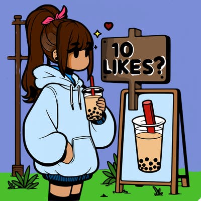 girl with oversized hoodie drinking boba and she has a high ponytail with a sign that says 10likes?