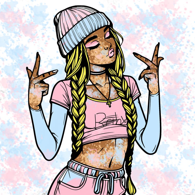 realistic teenage girl with braids and a beanie and crop top doing 🫶🏼