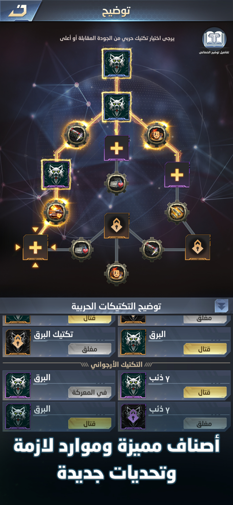 نداء الحرب 3 | حروب الأبطال - A screen showing the tactical military upgrades and skill tree interface in the Arabic strategy game Call of War 3.