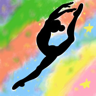 gymnast doing a leap in a leotard with a bent back leg