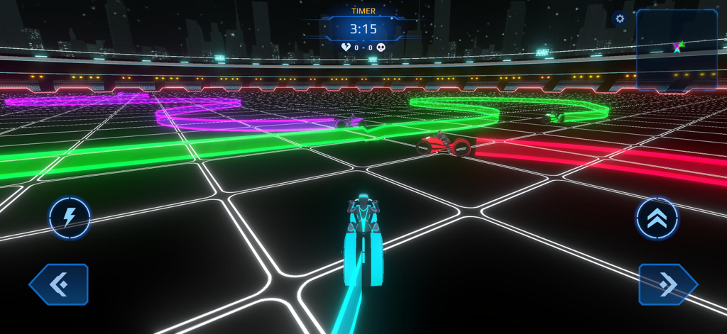 Neon bikes competing in a grid arena and leaving colored light trails in Neon Bike Battle