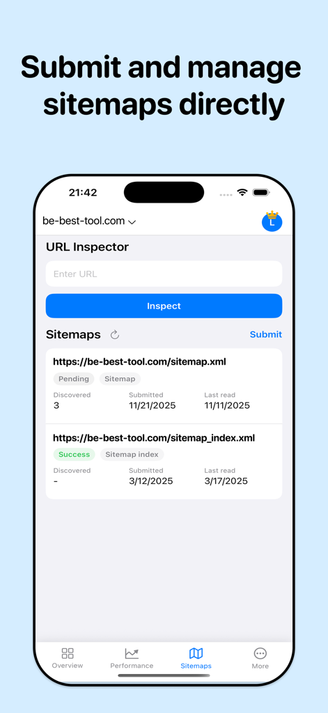 Search Console for Google - Interface d'application mobile pour la soumission et la gestion des sitemaps de sites Web avec l'outil d'inspection d'URL.
