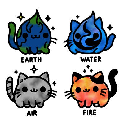 4 cats that represent the different elements, earth, water, air, and fire