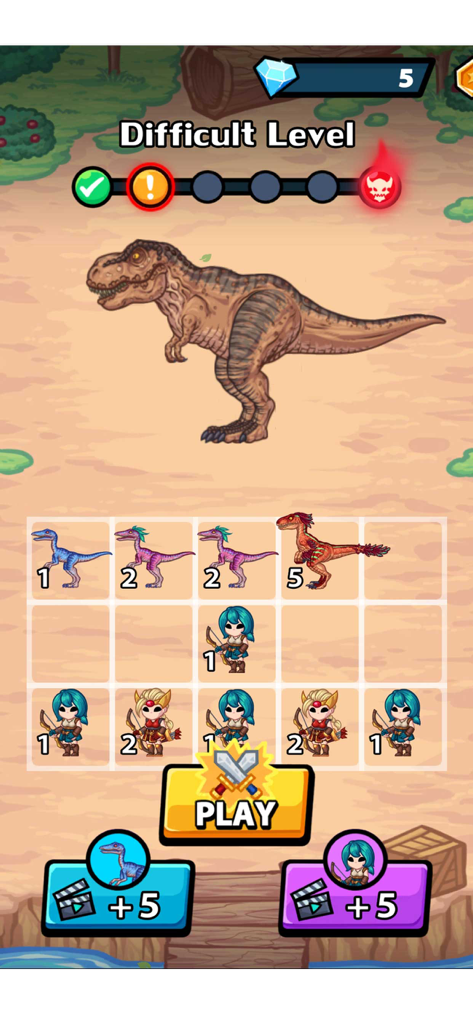 Dino Merge Master: Fight & Run - Dino Merge Master gameplay screen showing a large T-Rex enemy above a grid of dinosaurs and archers ready for battle