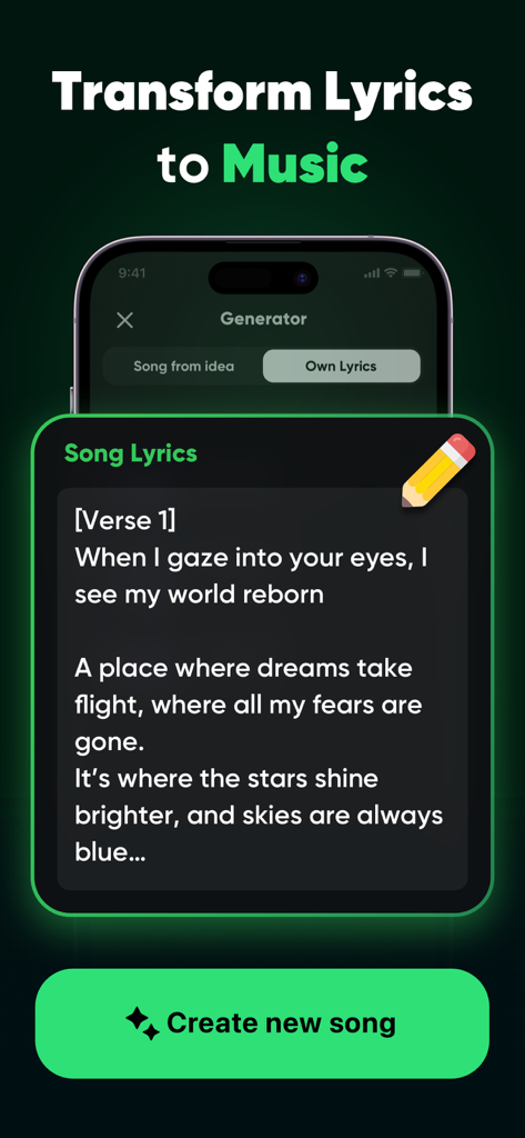 Interface of the TRACKLAB app showing how to transform custom lyrics into music with an AI generator