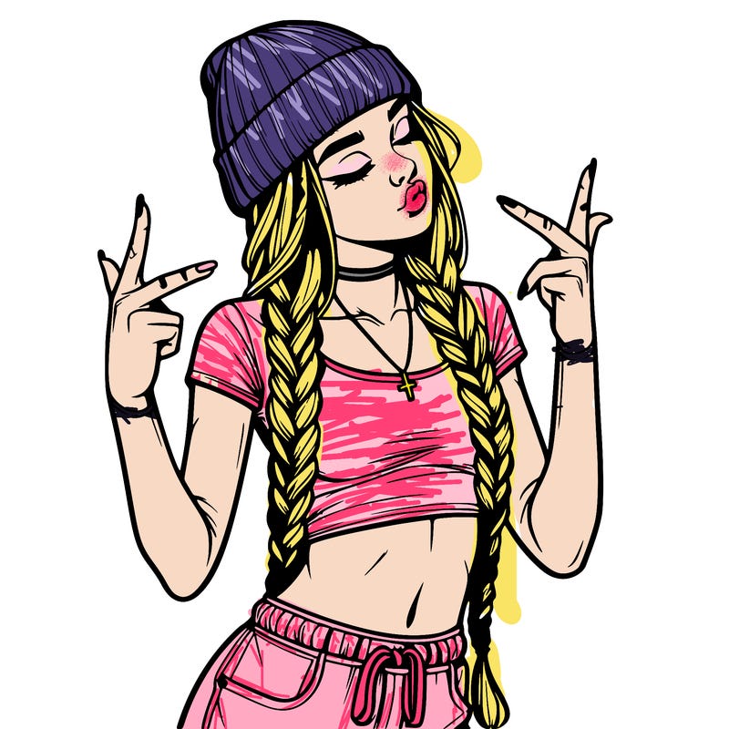 realistic teenage girl with braids and a beanie and crop top doing 🫶🏼