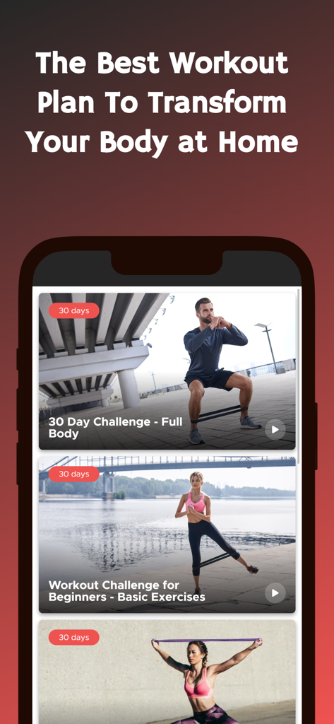 Resistance Band Workout Plan - Eine mobile App, die verschiedene 30-Tage-Widerstandsband-Workout-Herausforderungen für das Heimtraining anzeigt
