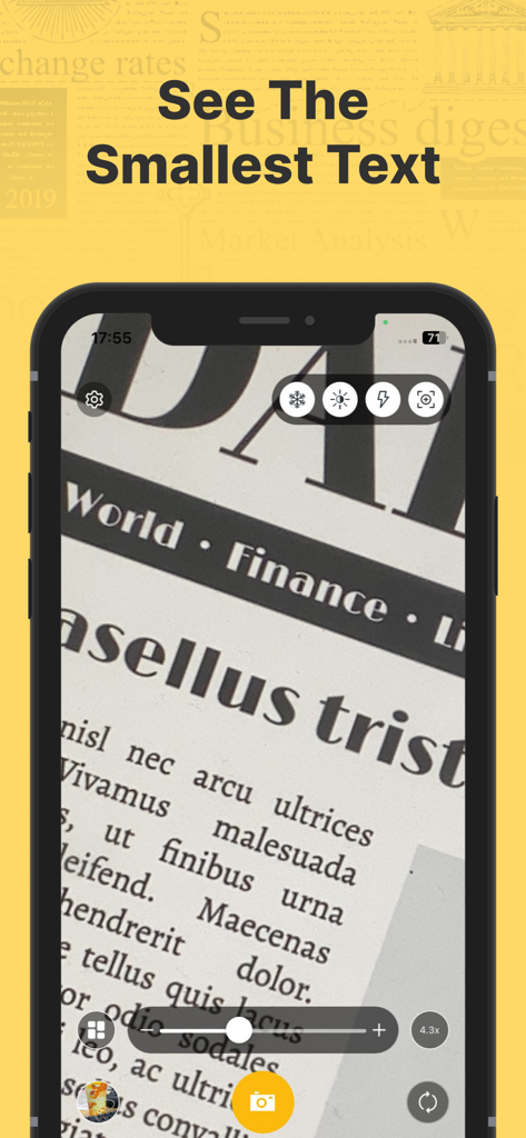 Magnifying Glass (Magnifier) - Una interfaz de aplicación móvil que muestra una lupa digital haciendo zoom en texto pequeño en un periódico.