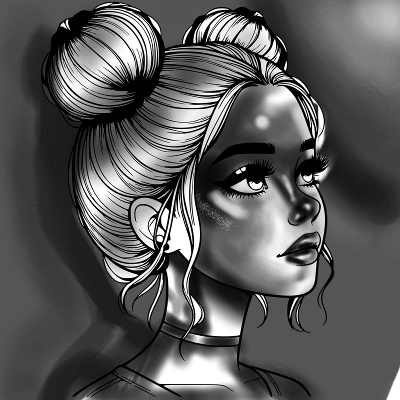 realistic girl with buns on the top of her head