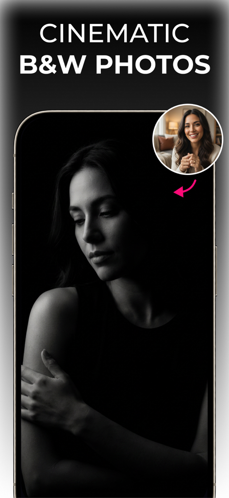 ImaginAI - AI Art & Video - ImaginAI 앱에서 영화 같은 흑백 AI 사진 변환을 보여주는 스마트폰 화면