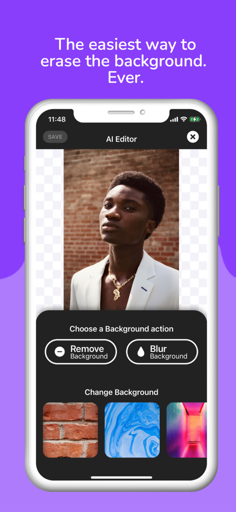 Mobile app interface of Background Remover showing AI tools to erase or blur photo backgrounds.
