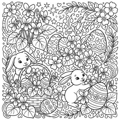 Dive into the delightful spirit of spring with this intricate Easter coloring page, featuring charming wild violets and playful bunnies. Perfect for bringing the joy of the season to life with your favorite colors.