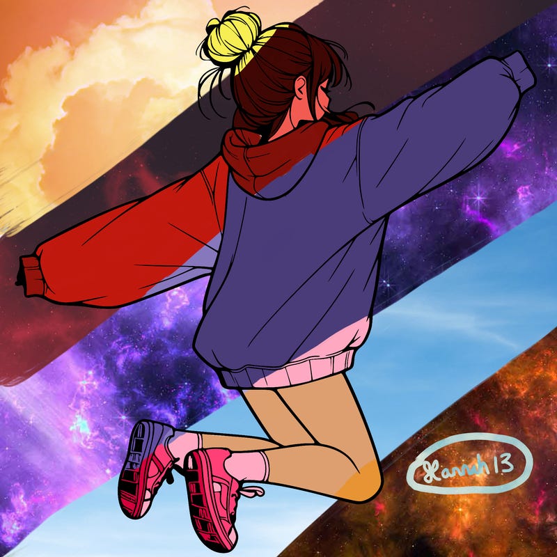 realistic girl jumping with a bun and oversized sweatshirt