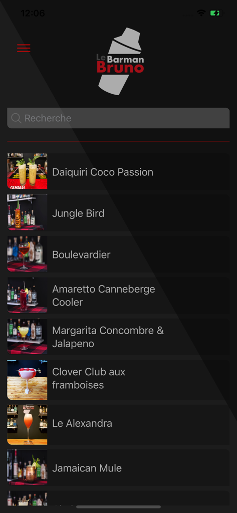 Le Barman Bruno - Interface of Le Barman Bruno app displaying a searchable list of cocktail recipes with photos and titles.