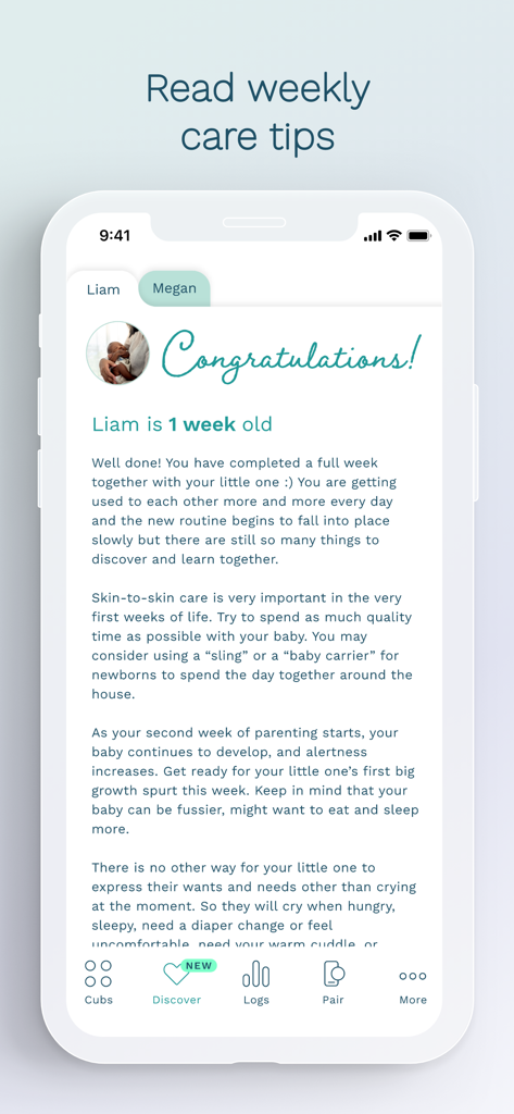 Cubtale Baby Tracker - Ein mobiler Bildschirm, der wöchentliche Eltern-Tipps und Ratschläge zur Neugeborenenpflege in der Cubtale App zeigt.