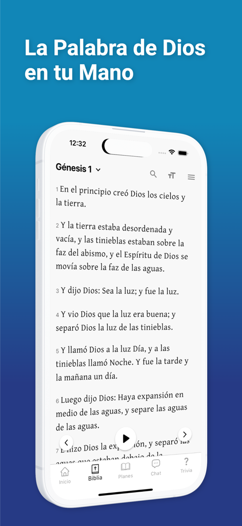 La Biblia Reina Valera 1960 IA - Écran de lecture de la Bible de l'application espagnole Reina Valera 1960 montrant Genèse chapitre 1