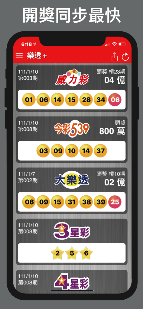 樂透+ 台灣樂透彩券 - Lotto Plus Taiwan app showing winning numbers for various lotteries