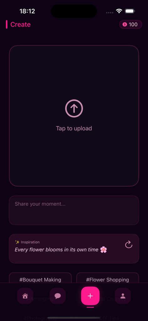 Interface of Toema app showing the create post screen with a photo upload section and floral inspiration quote.