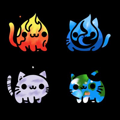 4 cats that represent the different elements, earth, water, air, and fire