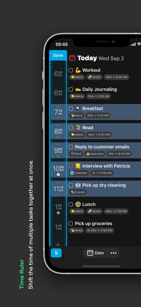Sorted³ - Calendar Notes Tasks - Sorted3 mobile app interface showing a list of daily tasks and the Time Ruler feature for quick scheduling