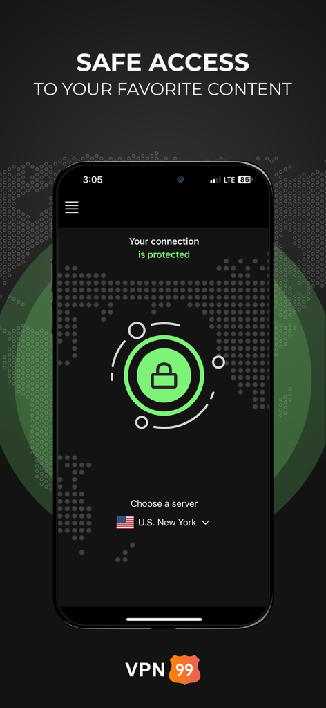 Interfaccia dell'app mobile VPN99 che mostra una connessione sicura a un server statunitense