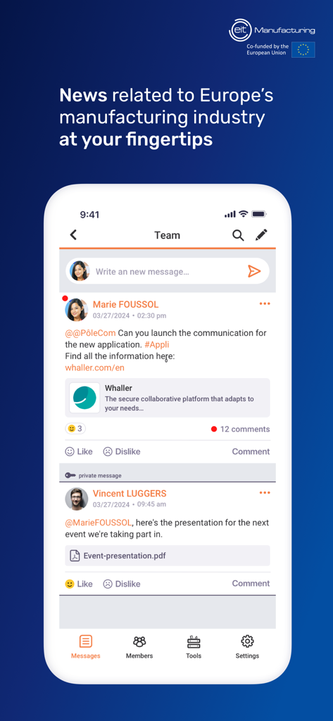 AGORA by EIT Manufacturing - Captura de pantalla de la app AGORA de EIT Manufacturing mostrando un feed de mensajes de equipo profesional con actualizaciones de la industria y documentos compartidos