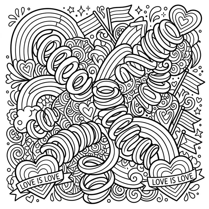 Get ready to celebrate with this unique coloring page featuring playful seasoned curly fries intertwined with vibrant Pride Month symbols. This fun design, complete with rainbows and 'Love is Love' hearts, offers a delightful way to express your creativity and show your support.
