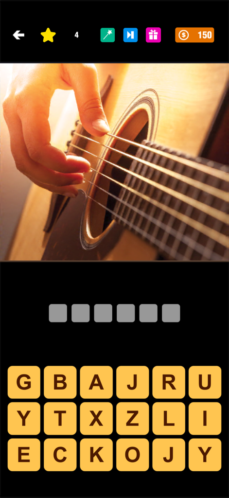 Una foto de primer plano de una guitarra siendo tocada en un juego móvil de adivinar palabras