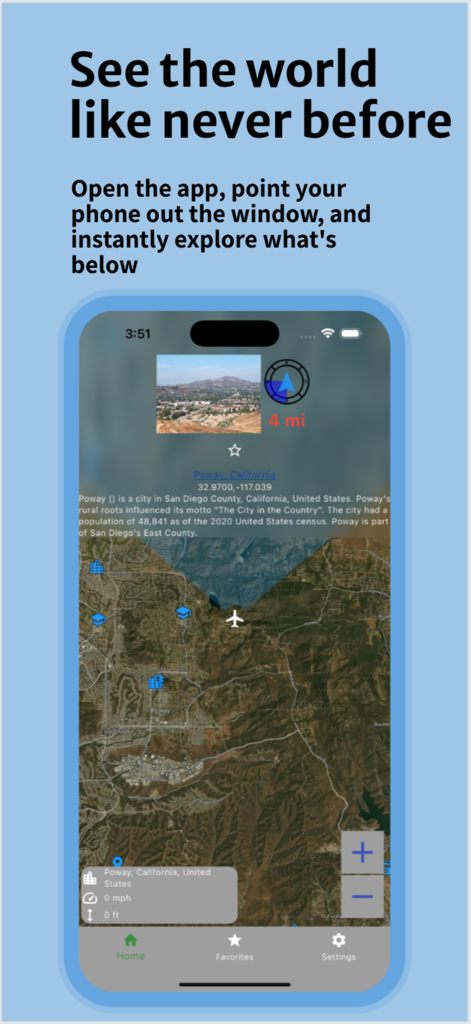 Window View - Interfaz de la aplicación Vista de Ventana que muestra un mapa satelital con información de lugares de interés y puntos de interés