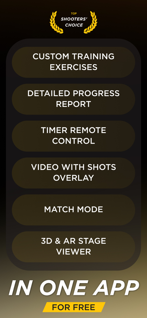 Drills: Shooting Training app - A list of shooting training features including custom exercises, progress reports, remote control, and AR stage viewer.