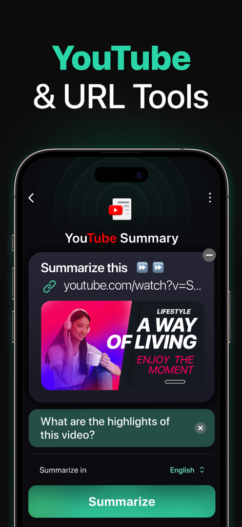 Chatly: AI Chatbot & Assistant - Interface of the Chatly app featuring a tool to summarize YouTube videos and URLs with AI.