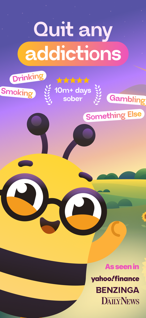A cute bee character with glasses on the Sunflower sobriety tracker app screen