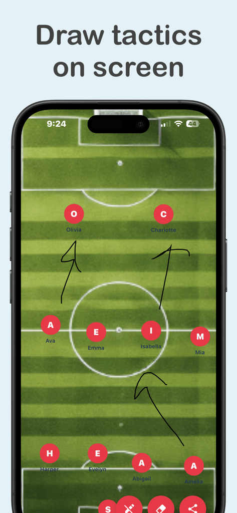 Football Formation - Digital soccer whiteboard with player icons and hand-drawn tactical arrows