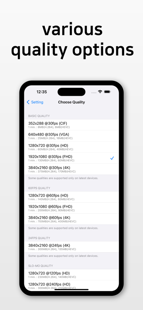 BlackVideo (One-Touch Rec!) - CIF부터 4K까지 다양한 프레임 속도(슬로우 모션 포함)의 다양한 동영상 품질 옵션을 표시하는 모바일 앱 화면
