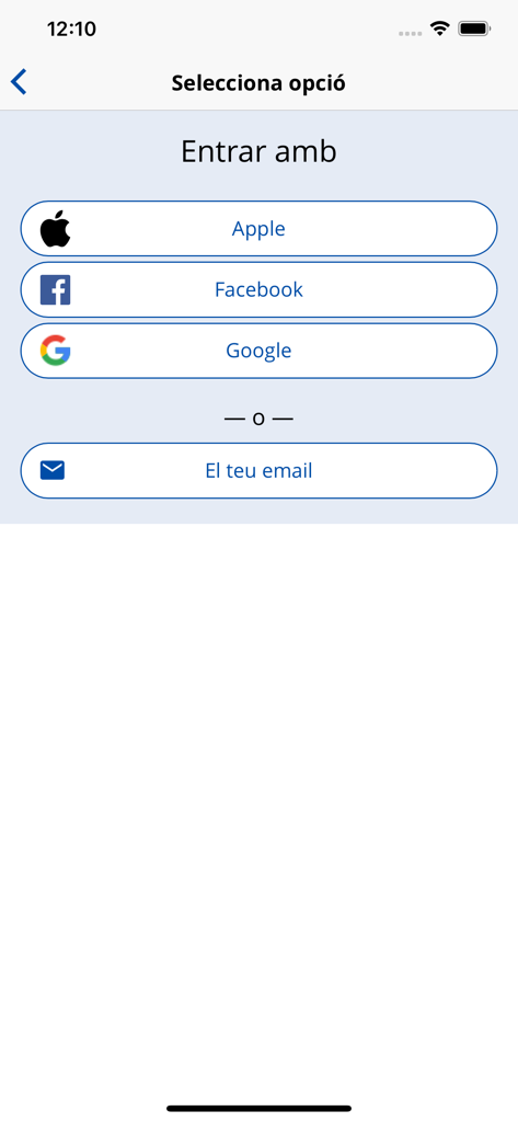 Apple, Facebook, Google 및 이메일을 통한 소셜 로그인을 보여주는 El Consell 앱 로그인 화면