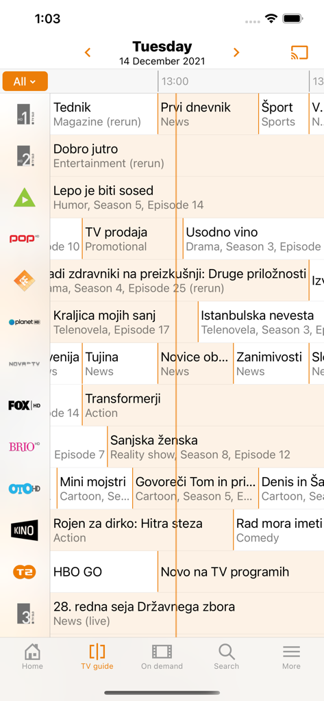 T-2 tv2go - TV guide interface of the T-2 tv2go app displaying Slovenian channel schedules and programming