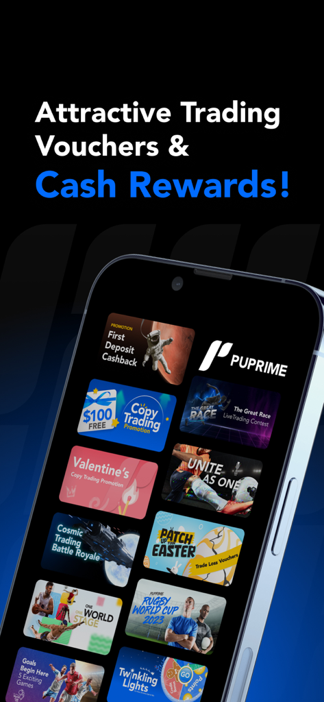 PU Prime - Forex Trading - PU Primeユーザー向けの魅力的な取引バウチャーと現金報酬を表示するモバイルアプリ画面