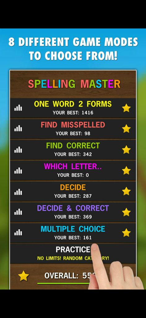 Spelling Master Game menu showing 8 different educational game modes with high scores.