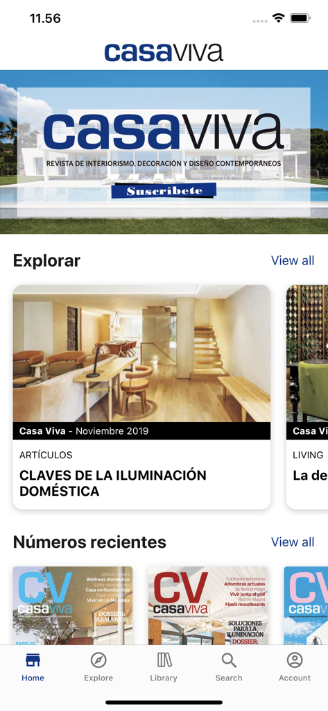 Interfaz de la aplicación Casa Viva mostrando artículos de diseño de interiores modernos y portadas de revistas.