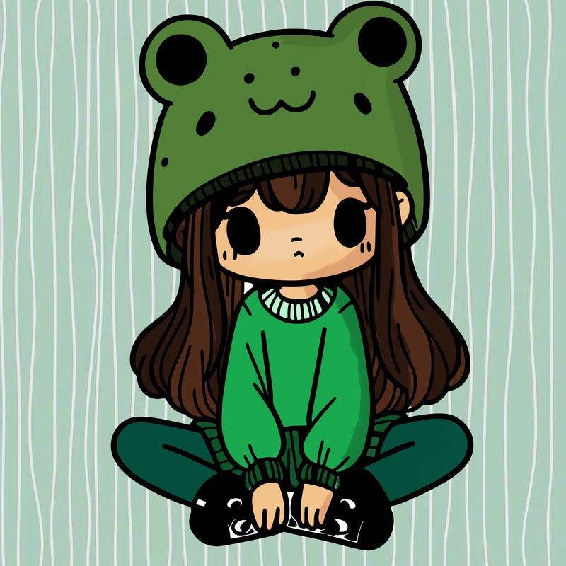 a girl wearing a frog hat and some frog socks