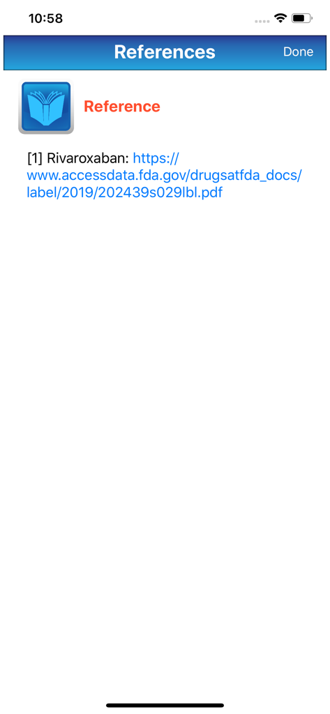 Anticoagulation Manager - References screen in the Anticoagulation Manager app showing a clinical citation and FDA link for Rivaroxaban