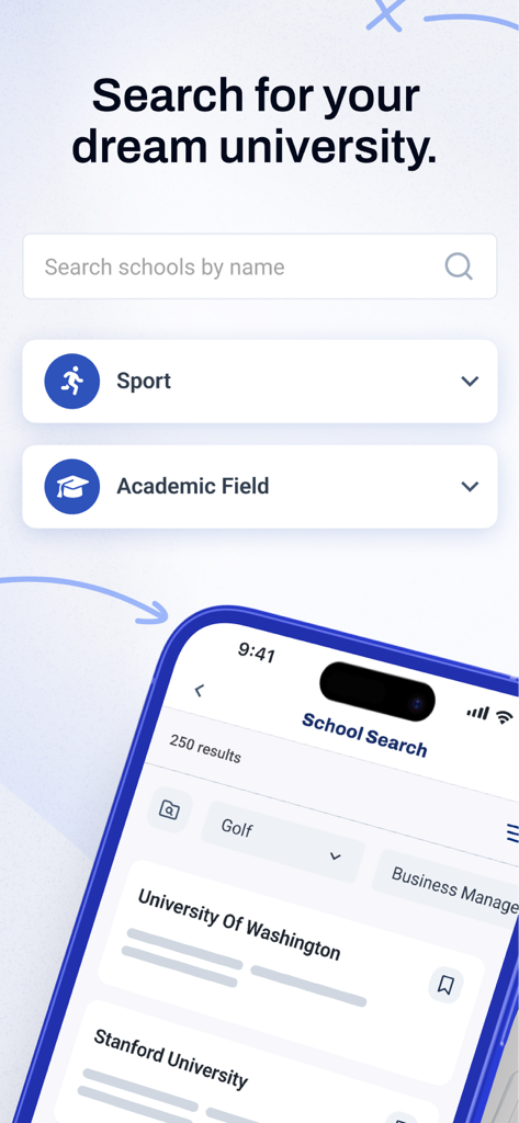 ASM Sports - The school search screen of ASM Sports app featuring filters for sport and academic field