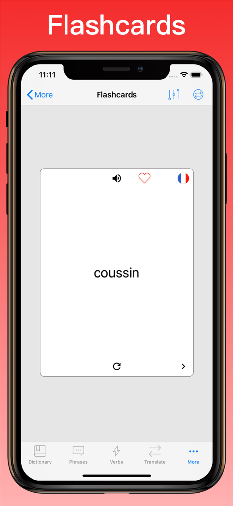 Flashcards feature in the French Translator Dictionary app showing the word coussin