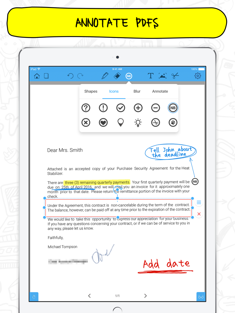 Notepad+ Pro - Aplicación Notepad+ Pro en iPad mostrando anotación de PDF con notas escritas a mano y menú de iconos